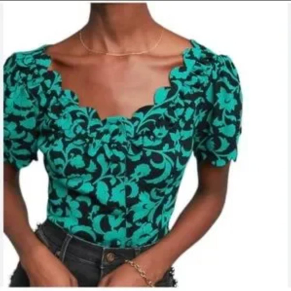 Green and black scallop neck Maeve blouse
